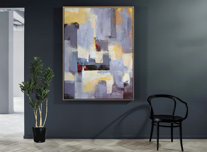 Acrylic Painting Wall Art,Vertical Palette Knife Contemporary Art,Living Room Wall Art,Grey,Yellow,Red.etc